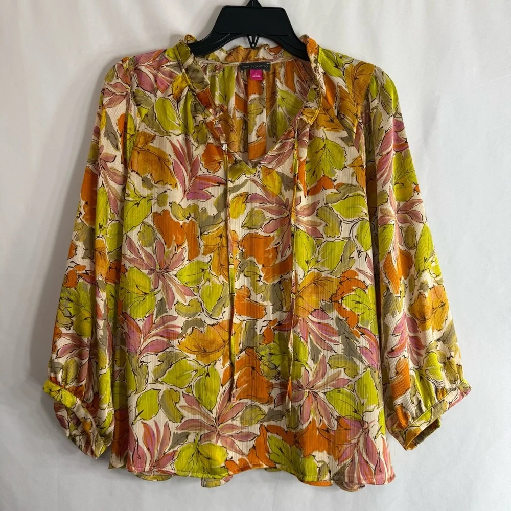 NWT Vince Camuto Raglan Sleeve Split Neck Peasant Blouse Orange Floral, size L - Picture 2 of 7